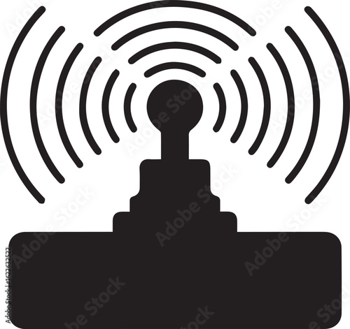 Black silhouette icon of a remote control joystick emitting wireless signal waves