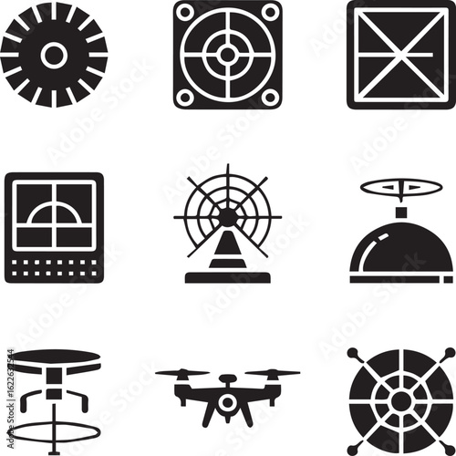 A collection of nine solid black technology glyphs including a drone radar fan and various mechanical icons