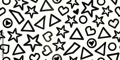 Black and White Geometric Shapes Pattern with Stars Hearts Triangles and Circles