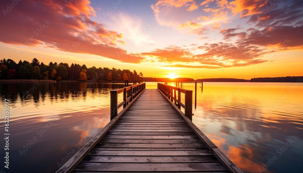 Obraz premium Peaceful sunrise over tranquil lake and wooden dock