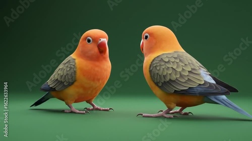 Pair of colorful lovebirds facing each other on a vibrant green background