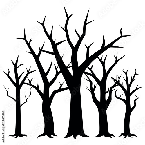 Silhouette of 6 dead trees with broken limbs isolated on white background
