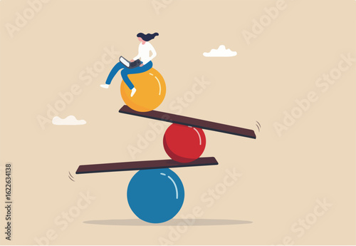 Work life balance, equality or weight between working for money and life happiness, health, success and healthy lifestyle concept, woman working with computer laptop while balance on equilibrium. 