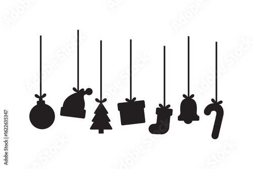 Black silhouette of Christmas hanging ornaments. Simple and festive holiday decoration.