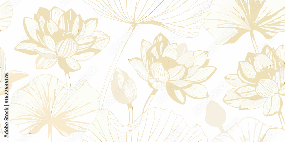 custom made wallpaper toronto digitalElegant Lotus Flower Pattern in Cream and Gold on White Background