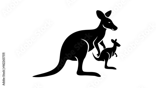 A silhouette of a kangaroo with a joey in its pouch standing on a white background in vector format