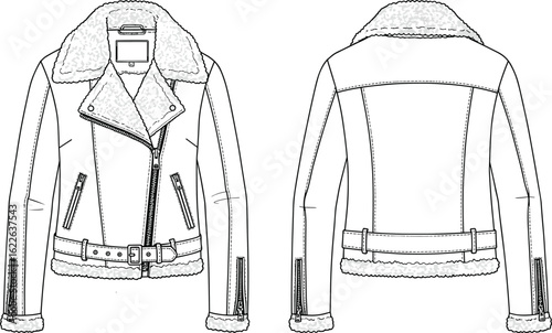 Shearling biker jacket flat sketch, belted waist and zip pockets, winter outerwear design, faux fur lining, fashion technical drawing, front and back view