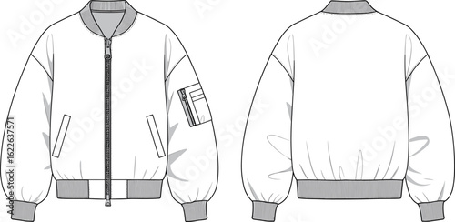 Bomber jacket technical flat sketch with ribbed collar, cuffs, hem, zipper closure, sleeve pocket, front and back view, casual outerwear fashion illustration