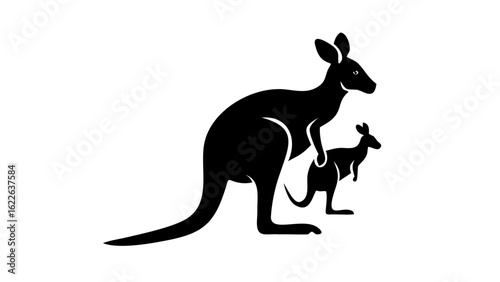 Silhouette illustration of a kangaroo with a joey in its pouch standing on a white background view