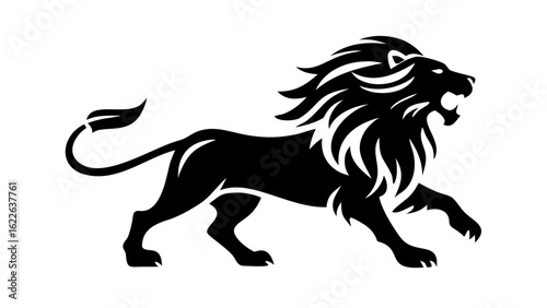 A black silhouette of a lion roaring with its mouth open and tail curved on a white background vector
