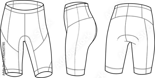 Cycling shorts technical flat sketch, padded performance wear, sport compression bottom, detailed clothing illustration, ergonomic seam design, athletic apparel front side back view