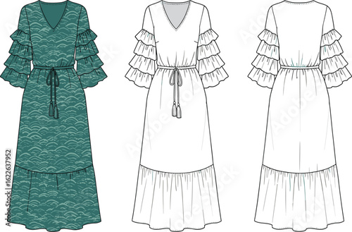 Ruffle sleeve boho maxi dress front and back view, V-neck design, waist tie, feminine silhouette, layered sleeves, fashion flat sketch, apparel mockup