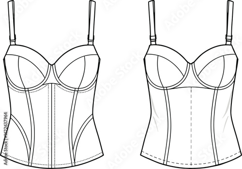 Front and back view of corset top fashion sketch, lingerie inspired bustier, feminine fitted silhouette, vector apparel mockup, structured top technical drawing