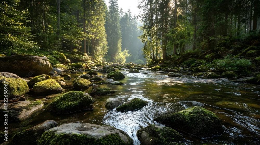 Fototapeta premium Clear stream flowing through a forest at sunrise.