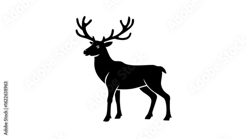 Silhouette of a majestic deer with large antlers standing gracefully in a simple black and white design