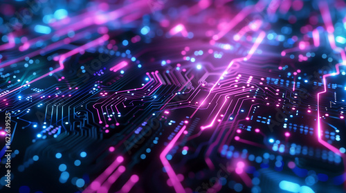 Futuristic Neon Circuit Board Background with Glowing Tech Lines