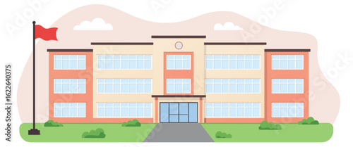 Modern school building vector illustration with flag and landscaping, flat design