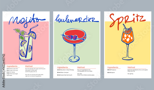Hand-Drawn Ink Cocktail Posters – Mojito, Boulevardier, Spritz – Italian Dolce Vita Style