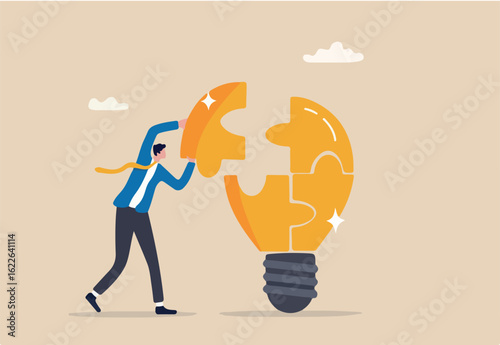 Problem solver, get solution to overcome difficulty, idea, creativity or innovation to fix problem or trouble concept, smart businessman solving lightbulb idea puzzle by connecting last jigsaw piece.