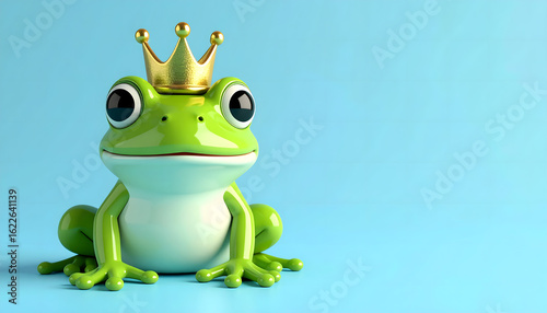 A cartoon frog wearing a golden crown against a blue backdrop.