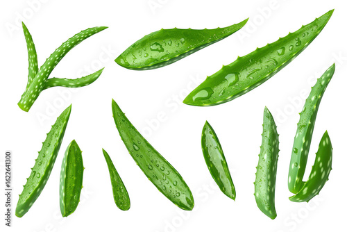 Collection of fresh aloe vera leaves with water droplets isolated on transparent background