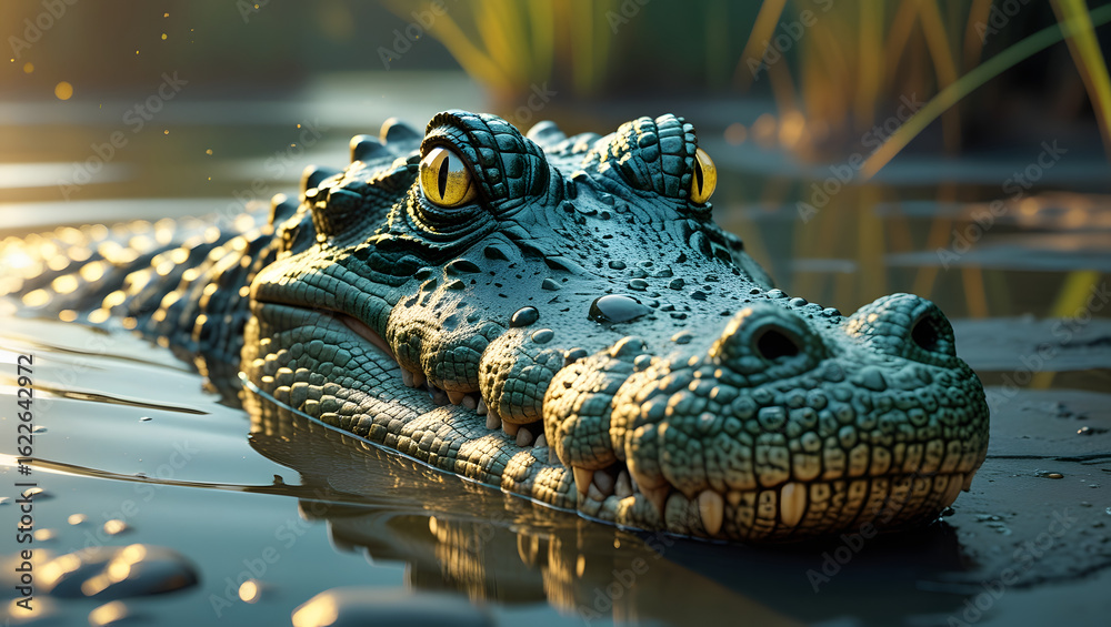 Fototapeta premium Crocodile Macro Portrait with Sharp Skin Detail and Swamp Background