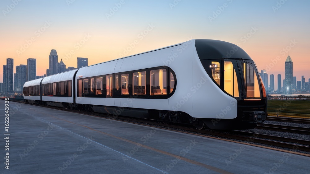Fototapeta premium Modern train at sunrise over city