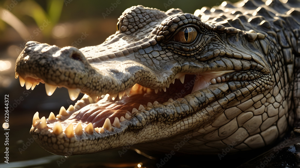 Fototapeta premium Crocodile Macro Portrait with Sharp Skin Detail and Swamp Background
