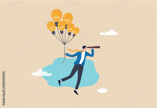 Business ideas, creativity or innovation to searching for new success, finding solution or imagination, visionary or new opportunity concept, businessman flying with lightbulb balloons and telescope.