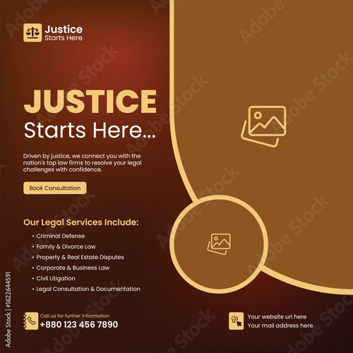 Modern social media post, banner, and ads template for law firm service and law consultation web banner, square flyer or poster template design