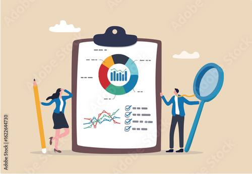 Business report, data diagram and chart, statistics or analytics, data analysis summary or performance, market research concept, business people with magnifying glass hold clipboard with report graph.