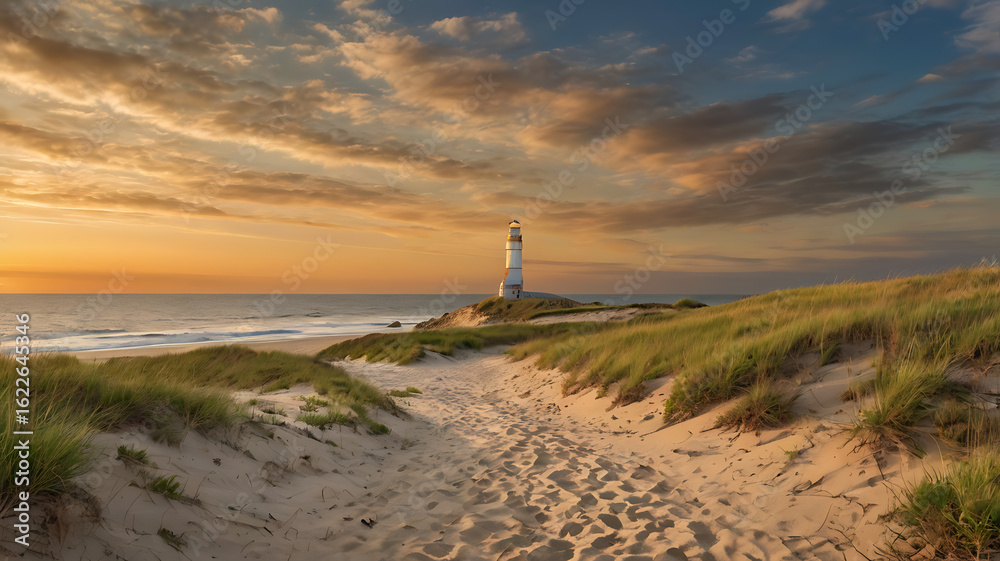 Fototapeta premium Panoramic landscape photograph capturing a serene coastal scene during sunset.