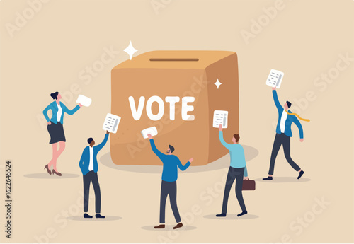 Voting, poll or employee feedback questionnaire, politic choice, opinion or democracy, election or customer survey, referendum concept, diverse people hold voting paper checkmark putting in vote box.