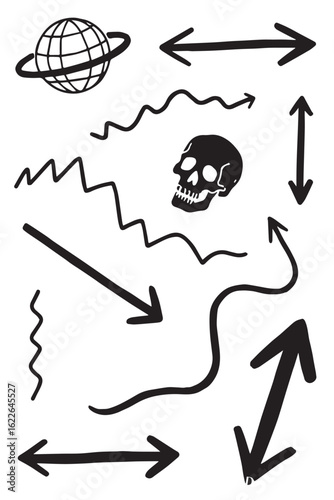 A hand-drawn vector doodle set with an edgy, sketchy vibe. Features a skull, a ringed planet, and a variety of arrows and abstract zigzag lines in a simple, black-and-white style.
