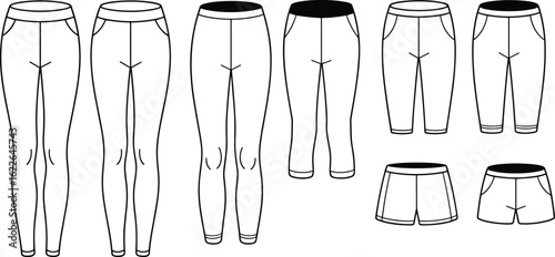 Collection of women’s leggings, pants, capris, and shorts, cad drawing template, fashion flat sketch, vector outline illustration