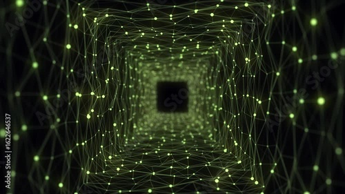 Abstract sci-fi green tunnel. Wormhole absorbs cyberspace. 3D portal. Futuristic fantasy high-tech funnel. 3d rendering.