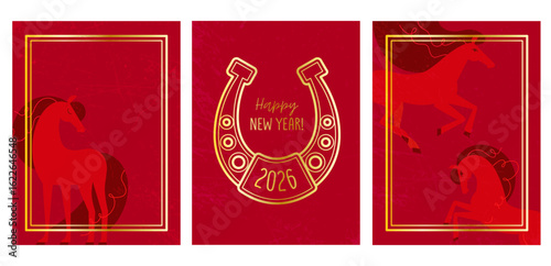 set of postcards with a red horse symbol 2026 and a golden horseshoe with a greeting and space for text. red background with skin texture. stock vector illustration. EPS 10.