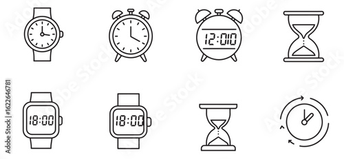 Black and white icon set featuring various timekeeping devices and time elements