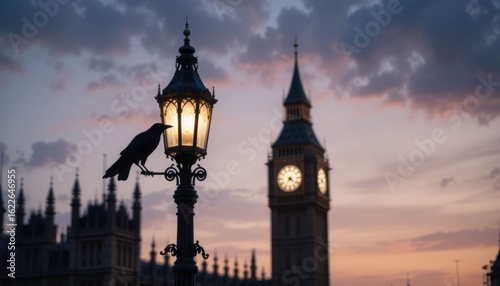 At dusk, a crow perched on an elaborate streetlight next to Big Ben
