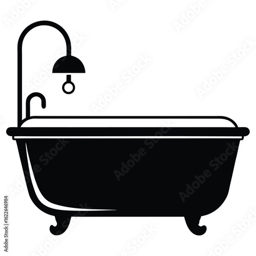 Vintage Clawfoot Bathtub Icon With Shower Fixture in Simple Black Silhouette Style