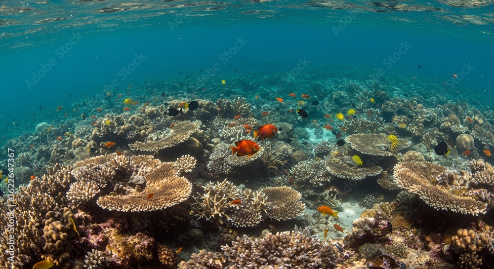 Fototapeta premium An underwater scene shows vibrant coral reefs teeming with diverse fish species