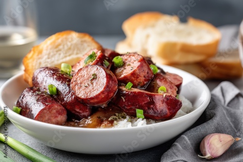 Wallpaper Mural Juicy sausages garnished with herbs and green onions, served on rice. Fresh bread and garlic complete this mouthwatering dish Torontodigital.ca