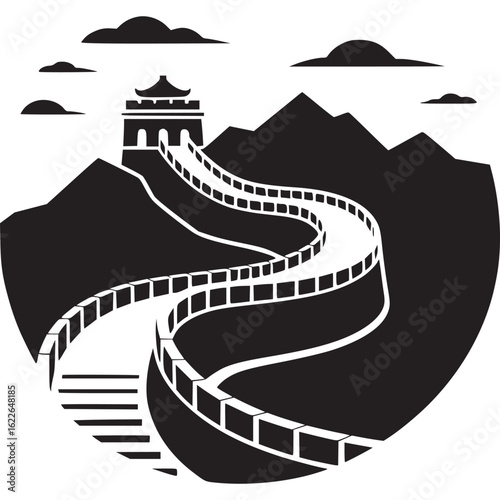 Black and white graphic of the great wall of china on transparent background