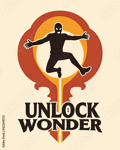 Silhouette of a person leaping with arms outstretched against a logo