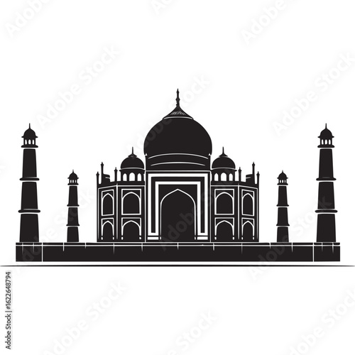 Black and white silhouette of the taj mahal on transparent background