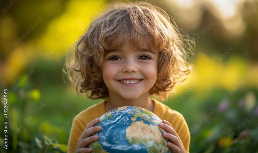 Fototapeta premium Young child smiling and holding a globe on World Earth Day, highlighting the importance of sustainability and environmental stewardship, Generative AI