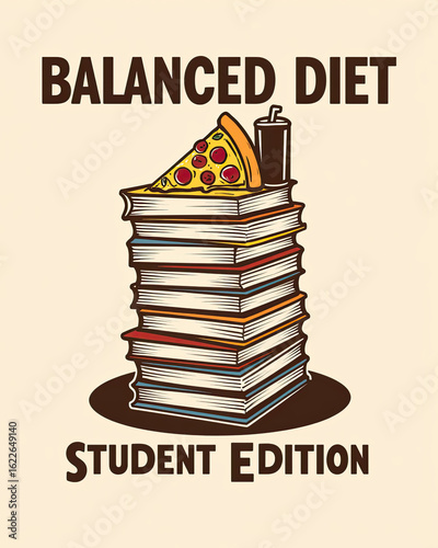 Balanced diet illustration with pizza and books