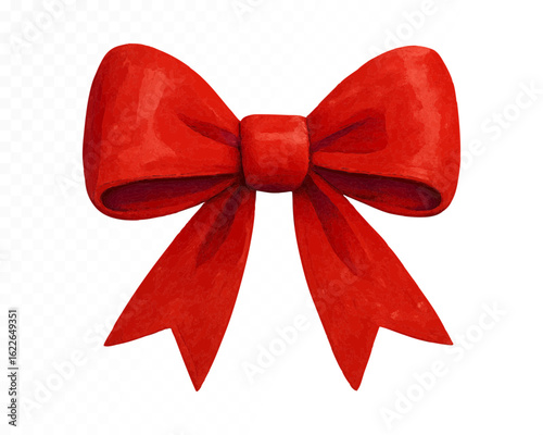 Deep red watercolor bow with rich shading and bold fabric texture, hand-painted in vibrant tones on transparent background. Vector illustration.
