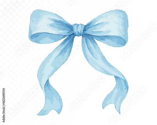 Light blue watercolor bow with soft texture and classic shape, perfect for decorative and festive design on transparent background. Vector illustration.