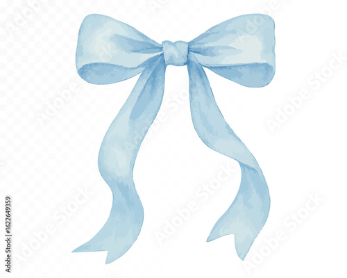 Light blue watercolor bow with soft texture and classic shape, perfect for decorative and festive design on transparent background. Vector illustration.